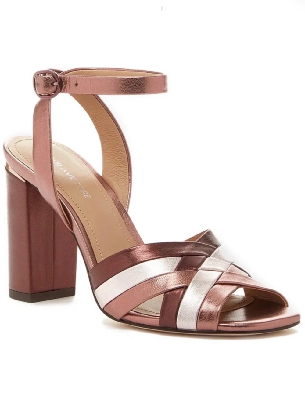Pour La Victoire Hadley Rose Silver Leather Heels Ankle Strap Sandals Pumps 7